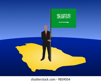 business man standing on map of Saudi Arabia with flag