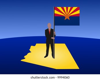 business man standing on map of Arizona with flag