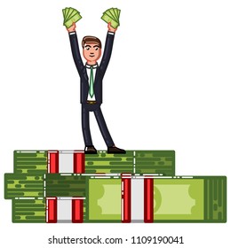 Business man standing on pack of money. Vector illustration, EPS 10