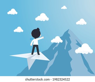 Business man standing on a paper plane and Heading to the top of the mountain. Plan and aim for the highest point, the goal point.