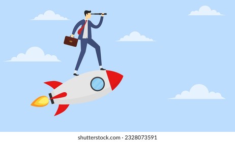 a business man standing on a rocket. see and binocular target achievement of the business