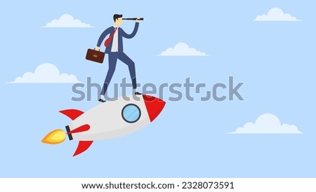 a business man standing on a rocket. see and binocular target achievement of the business