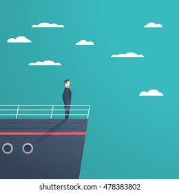 Business man standing on a ship as a symbol of leadership, professionalism and strong, powerful manager. Eps10 vector illustration.