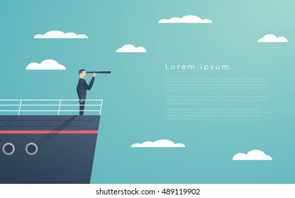 Business man standing on a ship as symbol of leadership, professionalism and strong, powerful manager. Eps10 vector illustration.