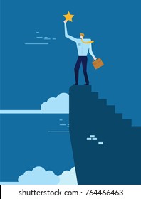 Business man standing on the top of the hill and reaching star. Business Success concept. flat design elements. vector illustration