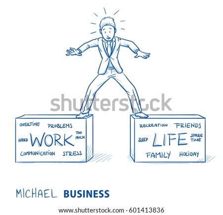 Business man standing on two boxes, striking a balance between work and life. Hand drawn line art cartoon vector illustration.