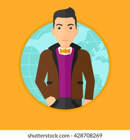 A business man standing on a world map background. Business man taking part in global business. Global business concept. Vector flat design illustration in the circle isolated on background.