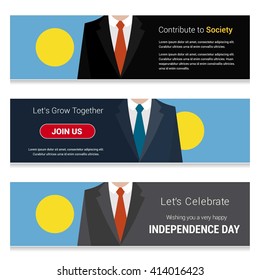 Business Man Standing Palau country flag in Website banner. set with different text. Contribute to Society. Let's grow Together. Happy Independence Day. Vector web banner illustration