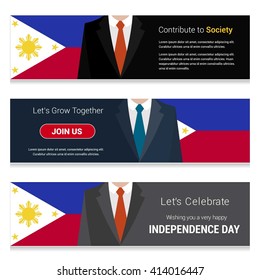 Business Man Standing Phillipines country flag in Website banner. set with different text. Contribute to Society. Let's grow Together. Happy Independence Day. Vector web banner illustration
