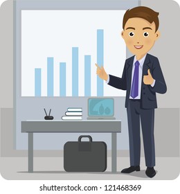 Business man standing pointing at chart and  presentation.