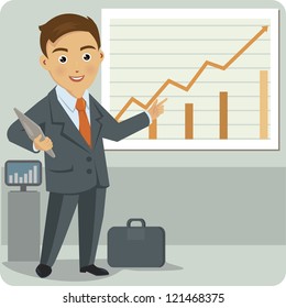 Business man standing pointing at chart and  presentation.