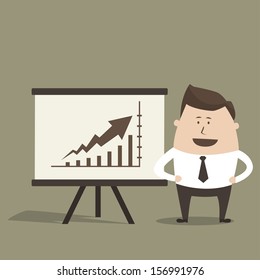 Business man standing pointing at chart and presentation