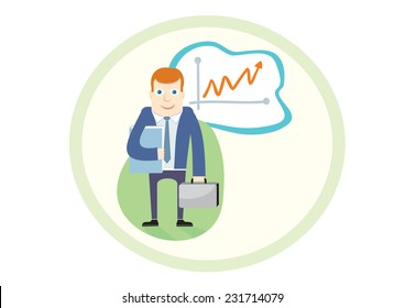 Business man standing pointing at chart and holding case and folder presentation cartoon design style