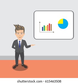 Business man standing pointing at chart and presentation.