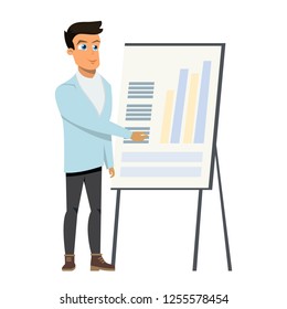 Business Man Standing Pointing to Diagram Chart on Whiteboard. Businessman Cartoon Character Shows Strategy Plan or Report on Flipchart. Flat Vector Illustration