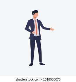 Business man standing and presenting product. Businessman, executive manager, representative. Can be used for topics like business, entrepreneurship, promotion