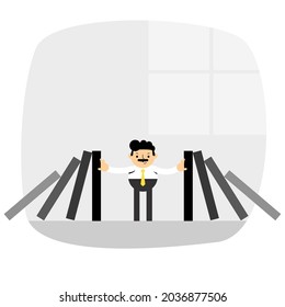 business man standing push domino two hand