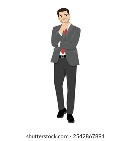 Hombre de negocios de pie con signo de interrogación y pensamiento. Ilustración vectorial plana aislada sobre fondo blanco