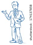Business man standing with sheet of paper in hand while explaining something,Â?Â? hand drawn vector illustration