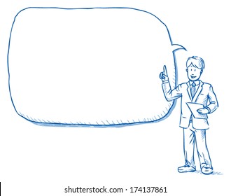 Business man standing with sheet of paper in hand and square shaped speech bubble while explaining something, hand drawn vector illustration