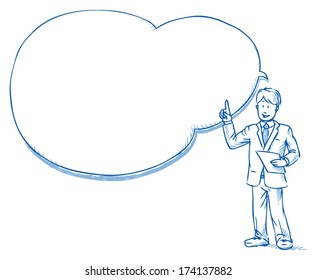 Business man standing with sheet of paper in hand and cloud shaped speech bubble while explaining something, hand drawn doodle vector illustration
