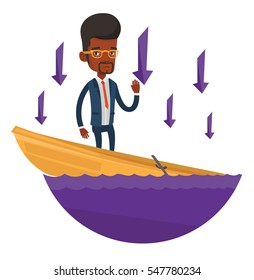 Business man standing in sinking boat and asking for help. Business man sinking and arrows behind him symbolizing business bankruptcy. Vector flat design illustration isolated on white background.