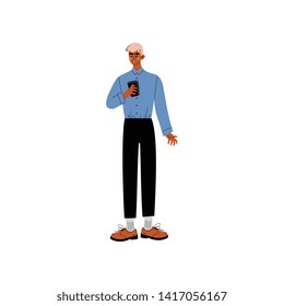 Business Man Standing with Smartphone, Office Employee, Entrepreneur or Manager Character Vector Illustration