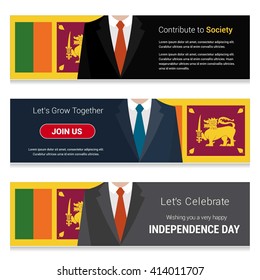 Business Man Standing Srilanka country flag in Website banner. set with different text. Contribute to Society. Let's grow Together. Happy Independence Day. Vector web banner illustration
