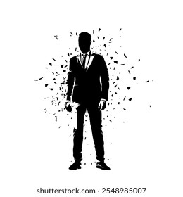 Business man standing in suit, front view, profile. Isolated vector silhouette, ink drawing. Business people