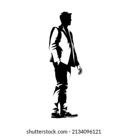 Business man standing in suit  side view  profile  Isolated vector silhouette  ink drawing  Business people