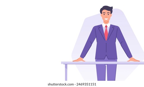 Hombre de negocios de pie en la mesa de presentación corporativa diseño de Anuncio Plantilla Vector ilustración plana. Empresario de dibujos animados sonriente en traje cerca de escritorio jefe jefe empleado presentando con espacio de copia