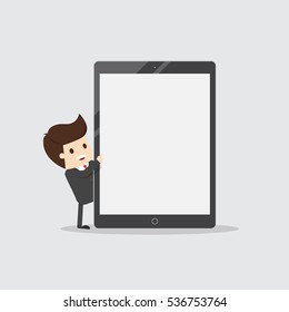 business man standing with tablet and present,blank screen,flat design.