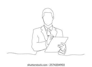 Business man standing with thoughtful expression and holding paper notebook. Thinking man character. Hand drawn in thin line style, vector illustration. Hand made vector not AI 