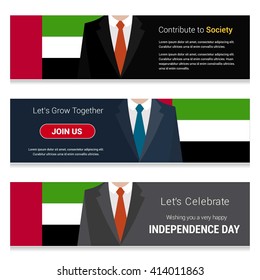 Business Man Standing UAE  country flag in Website banner. set with different text. Contribute to Society. Let's grow Together. Happy Independence Day. Vector web banner illustration