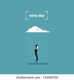 Business Man Standing Under Rain Cloud Rainy Day Problem Concept Flat Vector Illustration
