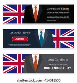 Business Man Standing United Kingdom country flag in Website banner. set with different text. Contribute to Society. Let's grow Together. Happy Independence Day. Vector web banner illustration