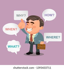 business man standing with various questions
