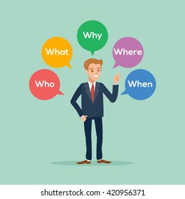 business man standing with various questions who what why where when cartoon illustration