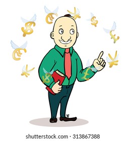 business man standing, watching for flying currency icons. Banking, exchange rate concept, economy. Facial expression, reaction, body language. Illustration of thinking trader.