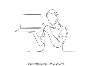 Hombre de negocios de pie mientras apunta a la computadora portátil. Persona de negocios con concepto de portátil dibujo de una línea