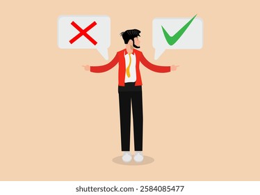 A business man stands between the right choice and the wrong choice