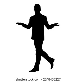 A business man stands with his arms outstretched to the side. Vector image on a white background.