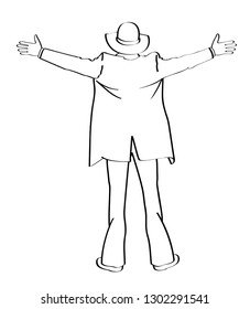 Business man stands with his hands wide apart. Line drawing. Vector illustration.