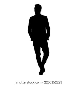 A business man stands and his hands in his pockets  Image black shadow  Isolate white background  Vector image 