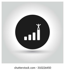 A business man stands up on top of a company graph growth profit chart Icon. Black Circle Pictogram. vector illustration A business man stands up on top of a company graph growth profit chart Icon. Black Circle Pictogram. vector illustration