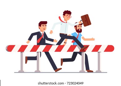 Business man in steeplechase race over hazardous obstacle. Leader successfully jumping over first ahead of hurdling competition. Leadership overcoming difficulties. Flat vector isolated illustration.