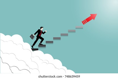 Business man step on staircase to success. Concept business vector flat