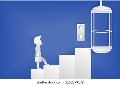 business man stepping up to lift, paper art style,selecting up or down, highest point