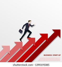 A Business man steps up stairs to successful point, Steps to starting a business success. Businessman walking up on red arrow, Arrow stairs, Concept start up business, Vector illustration flat