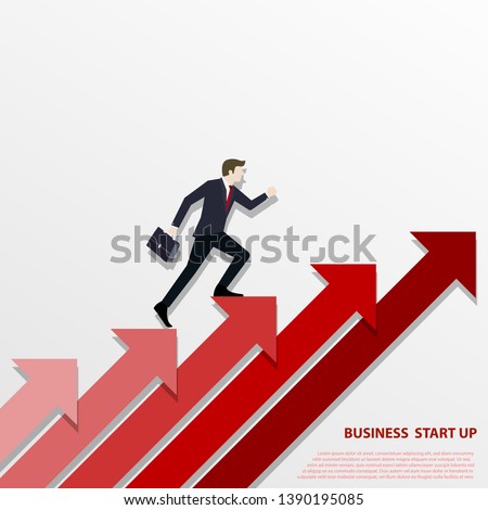 A Business man steps up stairs to successful point, Steps to starting a business success. Businessman walking up on red arrow, Arrow stairs, Concept start up business, Vector illustration flat